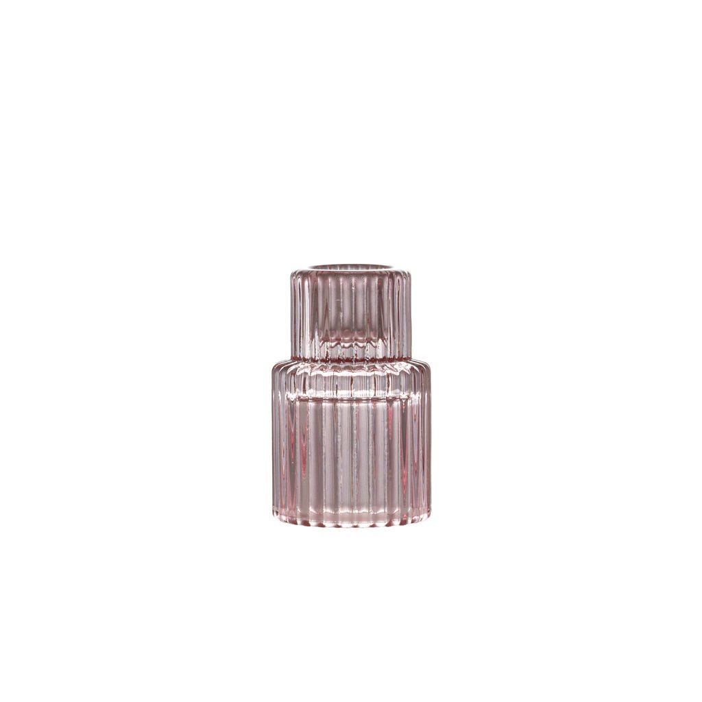 Pink Glass Ribbed 2 Tier Candlestick Holder image 0