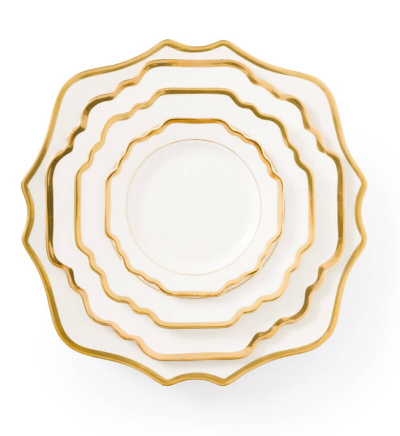 gold rimmed white crockery hire