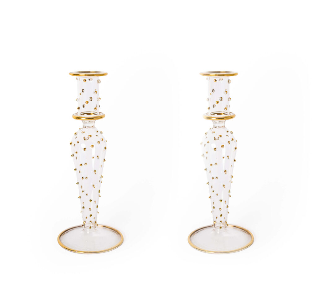 Dotty Gold Rimmed Glass Candlesticks scaled