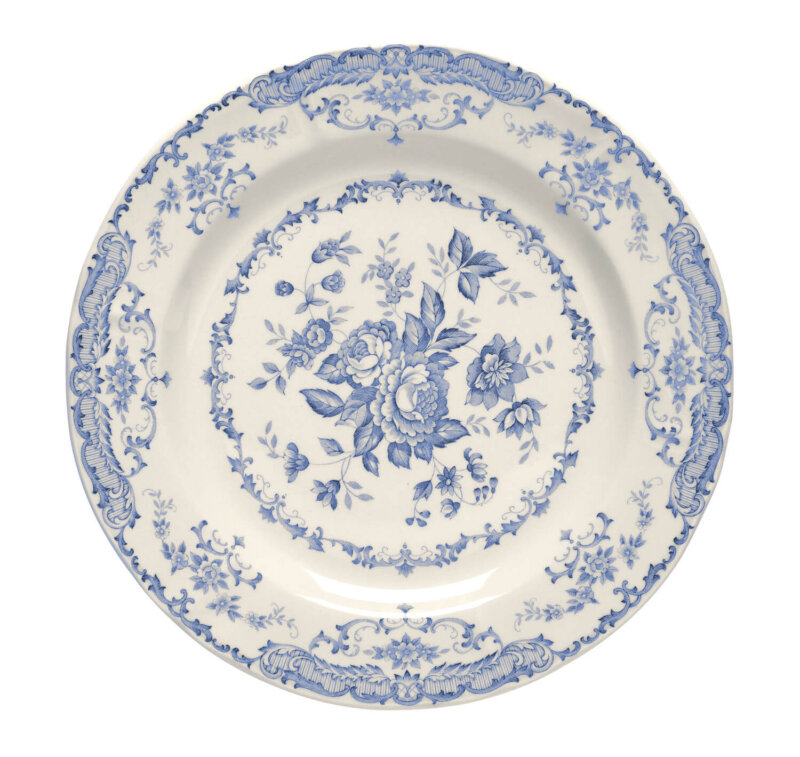 blue flowery design dinnerware hire