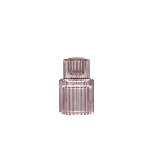 Pink Glass Ribbed 2 Tier Candlestick Holder